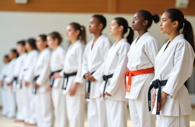 Students and instructors bowing in respect at the Falcon Karate Academy dojo.