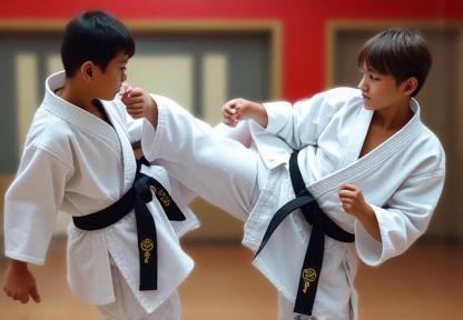 Students practicing kicks in a training session.