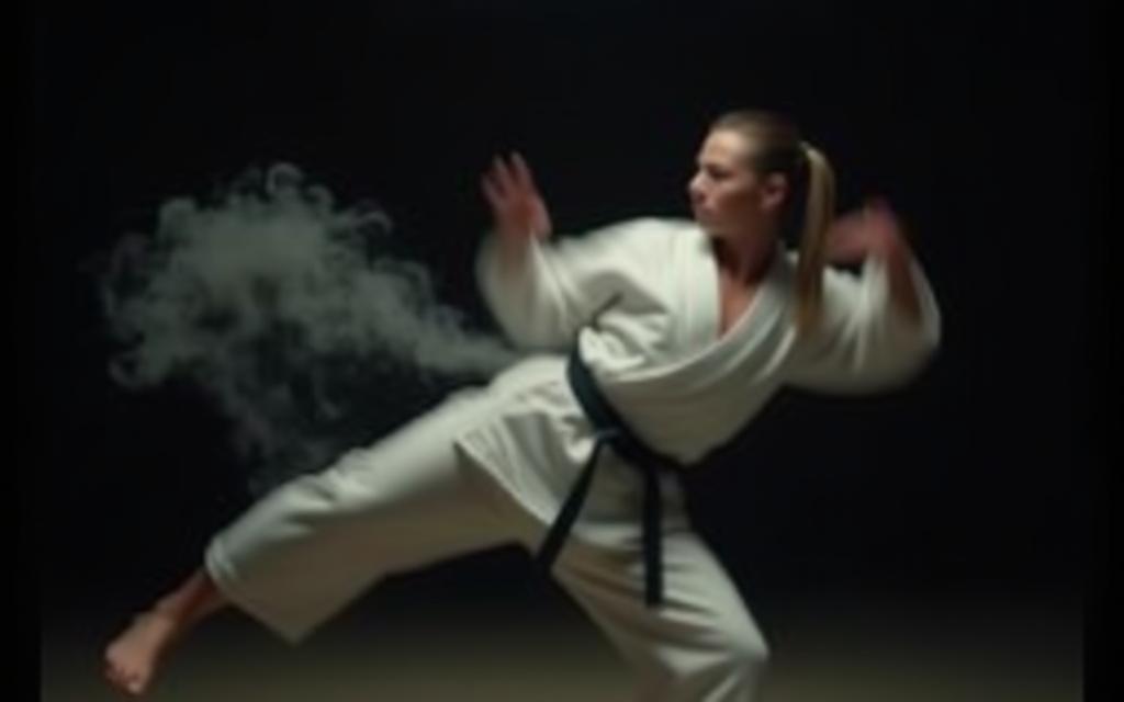 Dynamic action shot of a karate practitioner performing a powerful kick.