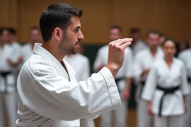 Adult students practicing karate techniques with focus and determination.