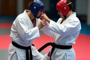 Two karate competitors engaged in friendly sparring during training.