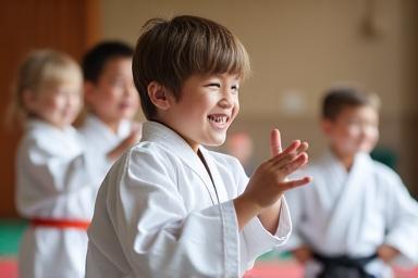 Group of young children practicing karate techniques with energy.