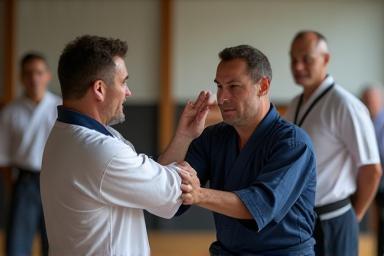 Instructor demonstrating a self-defense technique to adult participants.
